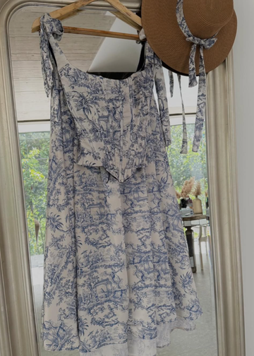 Blue Print Floral Two Piece A Line Satin Long Prom Dress Party Dress 16th Birthday Dress HZ1023